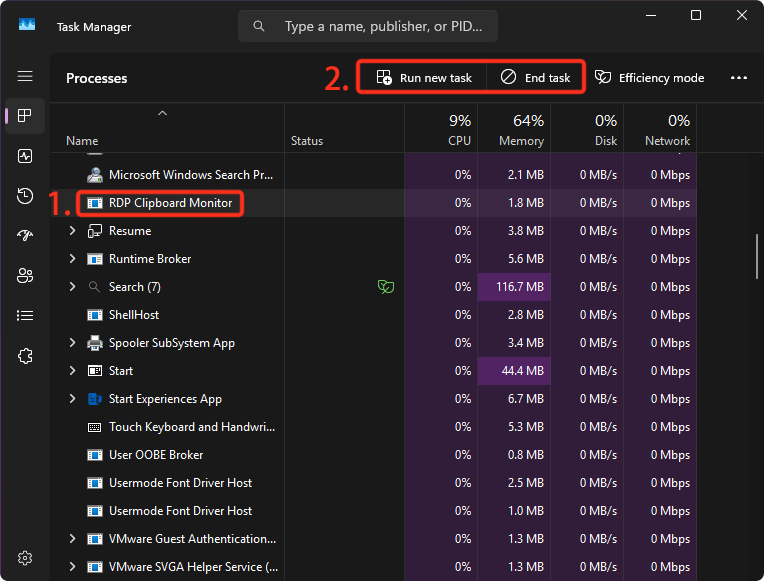 Restarting rdpclip.exe in Task Manager