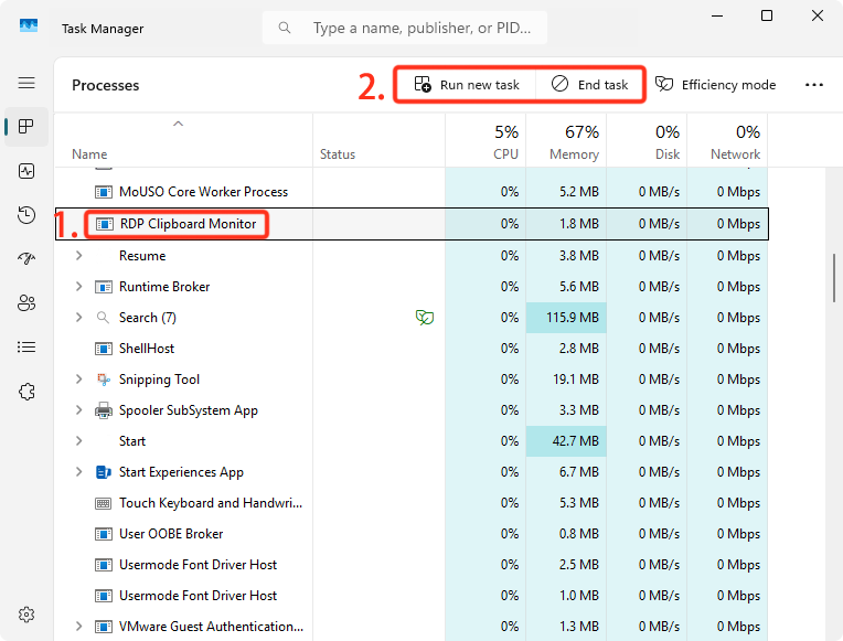 Restarting rdpclip.exe in Task Manager